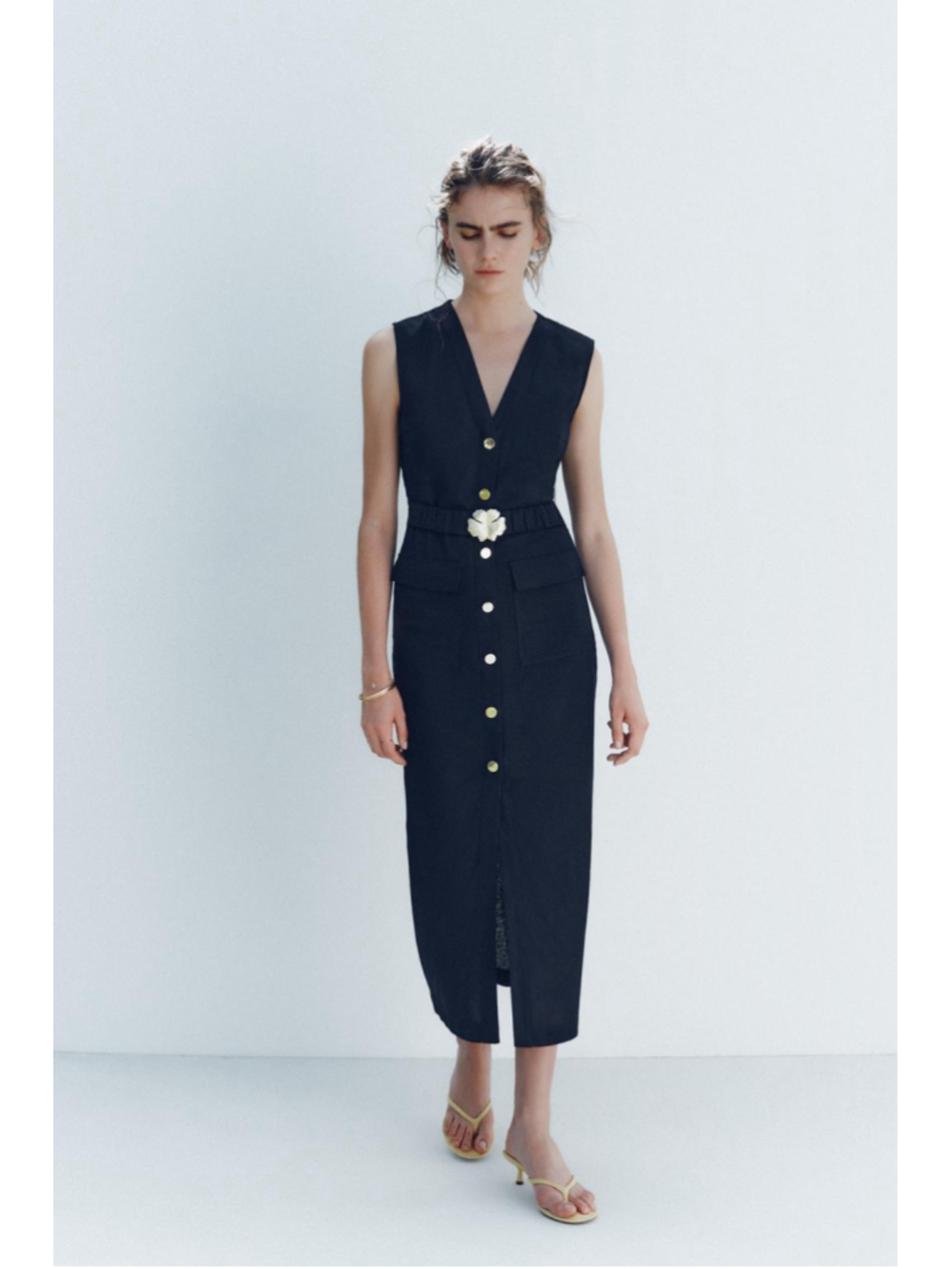 Zara Linen Belted Midi Dress Size L
